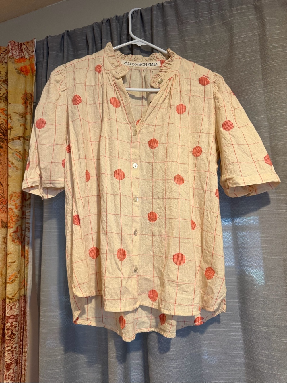 Alix Of Bohemia Cream Button-Down Shirt with Coral Dot Grid